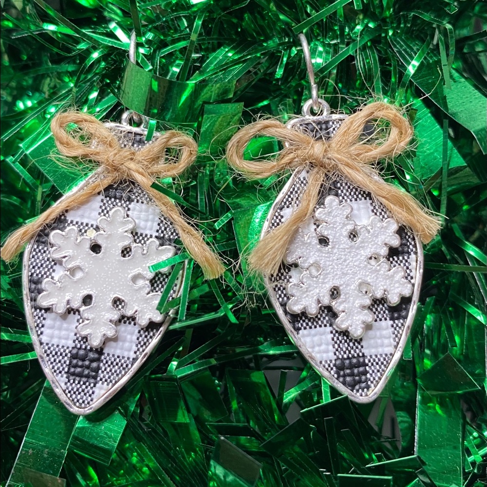 Buffalo Plaid Christmas Bulb Earrings Snowflake